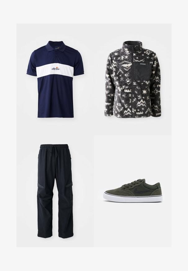 Fleece jacket with a black and white abstract pattern, high collar, full front zipper, and a chest pocket in black fabric.; Navy blue polo shirt with white horizontal stripe, collar, and short sleeves. Features embroidered logo on chest. Soft, smooth fabric.; Black casual pants with elastic waistband, drawstring, and zippered pockets on a white background.; Green suede sneaker with black accents and white rubber sole; features laces, padded collar, and a side logo. Smooth texture, low-top design.