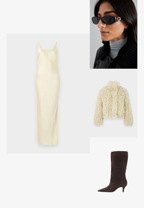 Ivoire imitationspälsjacka med hög krage, fyrkantig siluett, texturerad yta och långa ärmar. Har en mjuk, fluffig utseende.; Satin gul klänning med rak silhuett, spaghettistropper och en skärning på sidan för enkel rörelse. Slät textur och minimalistisk design.; Långärmad pikétröja i ljusbeige, tillverkad av mjukt tyg. Har en spetsig krage, tre-knappsknopplista med guldfärgade knappar och broderad logotyp.; Brun mocka knähög stövel med spetsig tå och medelhög klack, med en slät textur och elegant design.; Svarta solglasögon med en elegant rektangulär ram och en guldfärgad logotypaccent på sidan. Mörka linser och en blank yta är framträdande.; Quiltad rosa handväska med handtag, med ett präglat mönster; bärs med vita spetstights och silvriga spetsiga klackar.