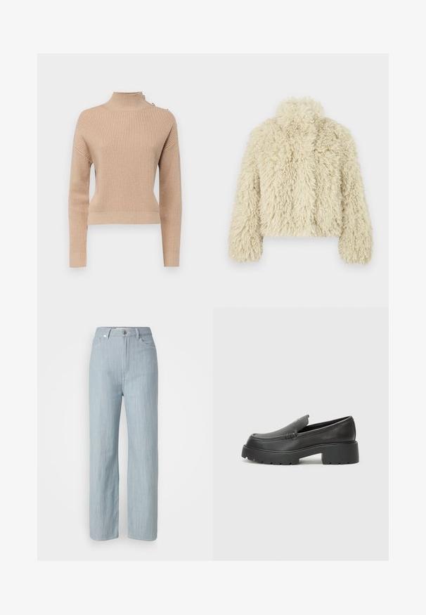 Ivory faux fur jacket with a high collar, boxy shape, textured surface, and long sleeves. Features a soft, fluffy appearance.; Beige ribbed sweater with a high neck and long sleeves. Features shoulder buttons and a fitted silhouette. Textured knit fabric.; Light blue straight-leg jeans made of denim. Features five pockets, a metal button closure, and subtle whiskering for texture.; Black leather loafers with a rounded toe, thick textured sole, and minimal stitching details. Sleek design with no visible laces or hardware.