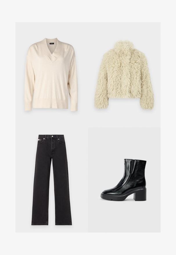 Zilo mākslīgās kažokādas jaka ar augstu apkakli, kastes formas, teksturētu virsmu un garām piedurknēm. Iezīmējas ar mīkstu, pūkainu izskatu.; Bēšs džemperis ar V veida kakla izgriezumu un garām piedurknēm. Izgatavots no mīksta, viegla auduma. Iezīmē brīvu piegriezumu un ribotu piedurkņu un apakšmalas dizainu.; Melni platmalu džinsi, kas izgatavoti no denima, ar augstu vidukli, piecu kabatu dizainu un metāla pogas aizdari ar kontrastējošu šuvumu.; Melnas lakotas ādas potītes zābaki ar izliekto purngalu, elastīgām sānu paneļiem un masīvu blokveida papēdi. Aizmugurē ir izsistā logo.