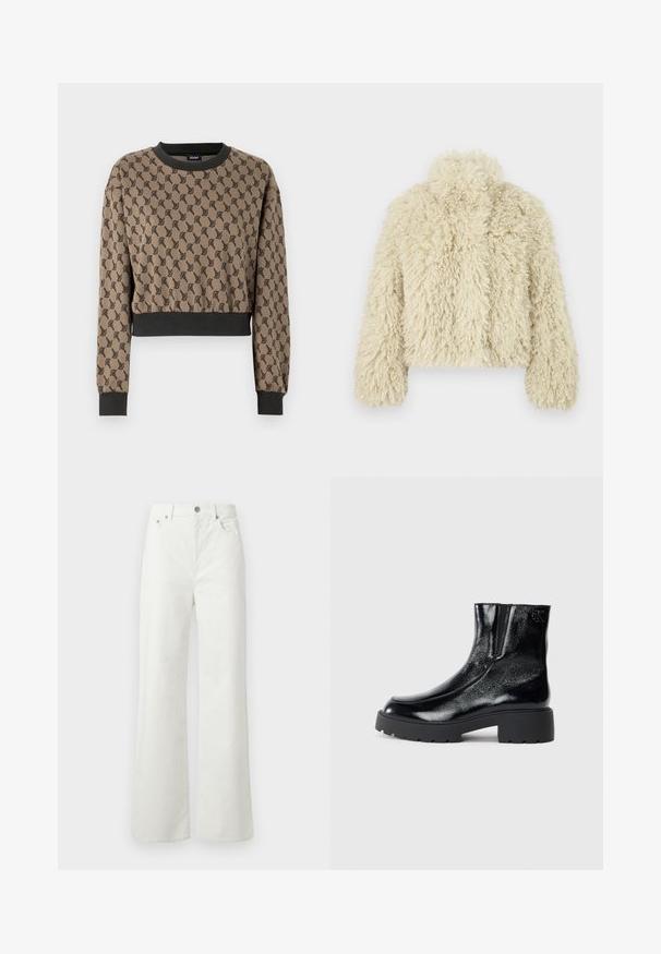 Elefántcsont színű műszőrméből készült kabát magas gallérral, doboz alakjával, texturált felületével és hosszú ujjú kivitelével. Puha és bolyhos megjelenése jellemzi.; barna színű, fekete geometrikus mintázattal rendelkező, rövidített pulóver, sötétszürke bordázott mandzsettákkal és gallérral, puha anyagból készült.; Samsøe Samsøe SHELLY - Laza szabású farmerek - clear cream; Fekete bokacsizmák fényes lakkbőr felülettel, vastag fekete gumitalppal és megemelt sarokkal; oldalon diszkrét logó részlettel.