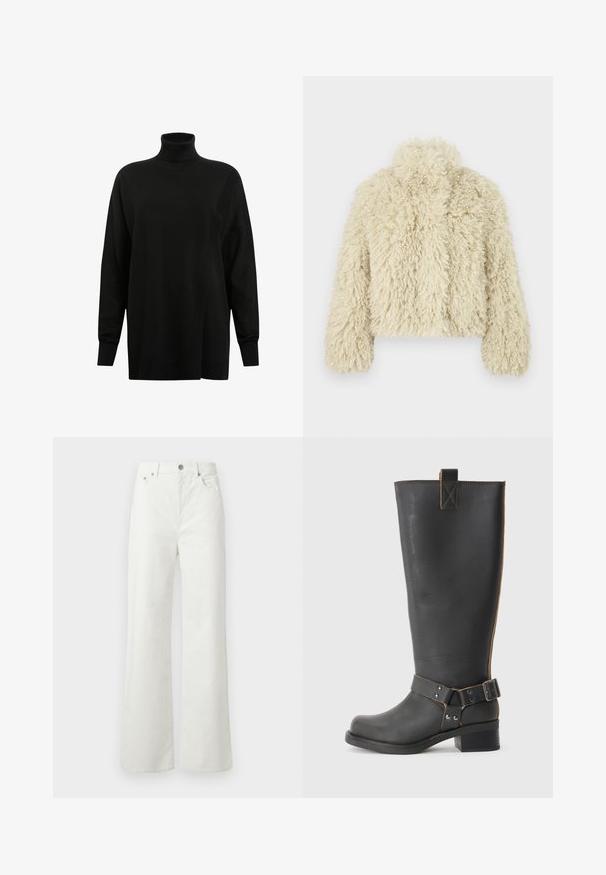 Ivory umetno krzno jakna z visokim ovratnikom, kvadratno oblikovana, z teksturirano površino in dolgimi rokavi. Ima mehko, puhasto obliko.; AllSaints BERN WRAP - Pulover - black; Samsøe Samsøe SHELLY - Široke kavbojke - clear cream; Črne usnjene škornje do kolen z teksturirano obdelavo, ki imajo stranski sponko in nizko peto. Podrobno šivanje po šivih.