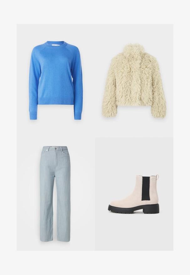 Kremowa kurtka z sztucznego futra z wysokim kołnierzem, prostokątnym krojem, teksturowaną powierzchnią i długimi rękawami. Posiada miękki, puszysty wygląd.; Samsøe Samsøe BOSTON niebieski; Jasnoniebieskie jeansy o prostym kroju wykonane z denimu. Posiadają pięć kieszeni, zapięcie na metalowy guzik oraz subtelne przetarcia nadające teksturę.; Beżowe zamszowe botki Chelsea z czarną elastyczną wstawką po bokach, masywną czarną podeszwą i pętelką przy kostce.