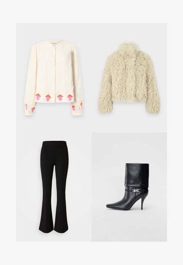 Kreminės faux fur striukės su aukštu apykaklė, kvadratinė forma, tekstūruotas paviršius ir ilgos rankovės. Pasižymi švelnia, pūkuota išvaizda.; Kremo spalvos ilgos rankovės palaidinė su apvaliu iškirpimu, sagčių užsegimu ir siuvinėtų gėlių raštais rožinės ir oranžinės spalvų apatinėje dalyje bei rankogaliuose.; Juodos flared kelnės pagamintos iš tamprios medžiagos su lygiu paviršiumi, su siūlų detalėmis priekinėje dalyje, kad būtų pridėtas dizaino elementas.; Juodos odinės kulkšninių botų su smailiu nosiu, aukštu stiletto kulnu, apvyniojamu kraštu ir auksine dekoratyvine sagtimi prie kulkšnies.