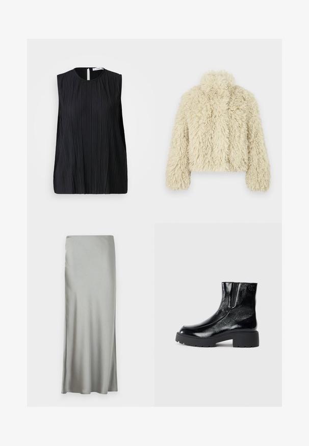 Kreemjas valekarvane jakk kõrge kaelusega, kastikujuline, tekstuuriga pind ja pikad varrukad. Omab pehmet, karvast välimust.; Samsøe Samsøe UMA - Pluus - black; Helehall, satiinist maxi-seelik sileda tekstuuriga ja külgsuuga, disainitud sirge lõikega voolava silueti jaoks.; Mustad mustad tossud läikiva patendi nahaga viimistlusega, jäme musta kummist tald ja kõrgendatud konts; sisaldab külgedel peent logodegust.