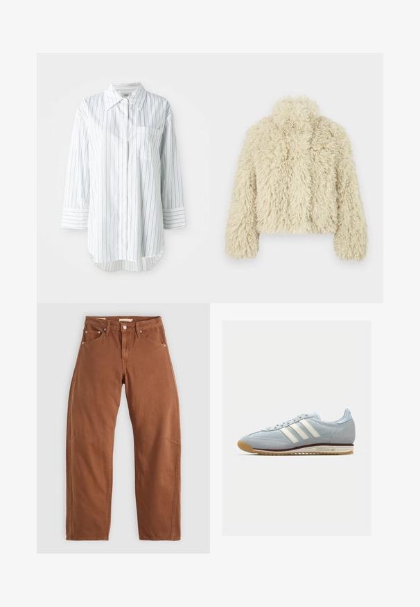 Casaco de pelo sintético marfim com colarinho alto, forma boxy, superfície texturizada e mangas longas. Apresenta uma aparência suave e fofa.; Camisa de botão de manga longa branca com finas riscas verticais pretas, um bolso no peito esquerdo e colarinho pontudo.; Calças de ganga retas em tom de ferrugem com bolsos frontais e traseiros, rebites metálicos, fecho de botão e passadores de cinto, dispostas em plano sobre um fundo branco.; Sneakers de camurça azul claro com três riscas brancas, sola de borracha e malha texturizada. Apresenta uma biqueira lisa e marca no calcanhar.