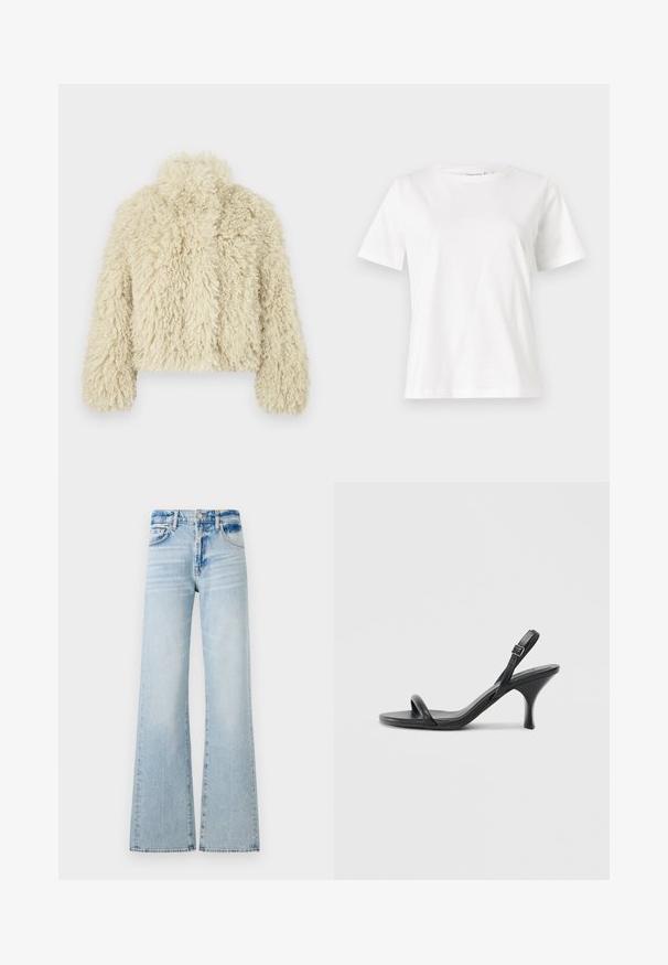 Elfenben-faux fur jakke med høy krage, boxy form, teksturert overflate og lange ermer. Har et mykt, luftig utseende.; Hvit bomull t-skjorte med korte ermer, rund hals og avslappet passform. Glatt tekstur, ingen mønstre eller detaljer, minimalistisk design.; Lys blå brede bukser laget av denim, med mid-rise midje, fem lommer og kontrastsømmer med en falmet finish.; Sorte skinnhøye hæler med en slank, buet hæl og et kryssrem-design. Justerbar ankelrem. Glatt tekstur.