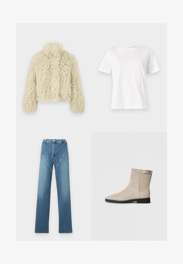 Casaco de pelo sintético marfim com colarinho alto, forma boxy, superfície texturizada e mangas longas. Apresenta uma aparência suave e fofa.; T-shirt de algodão branco com mangas curtas, decote redondo e um corte descontraído. Textura suave, sem padrões ou detalhes, design minimalista.; Calças jeans azul-claro de perna reta com cintura alta, apresentando costuras curvas contrastantes e cinco bolsos. Feitas de tecido denim.; Bota de tornozelo em couro bege com bico fino, sola preta, salto baixo e faixa com fivela dourada no lado externo, apresentada sobre fundo branco.