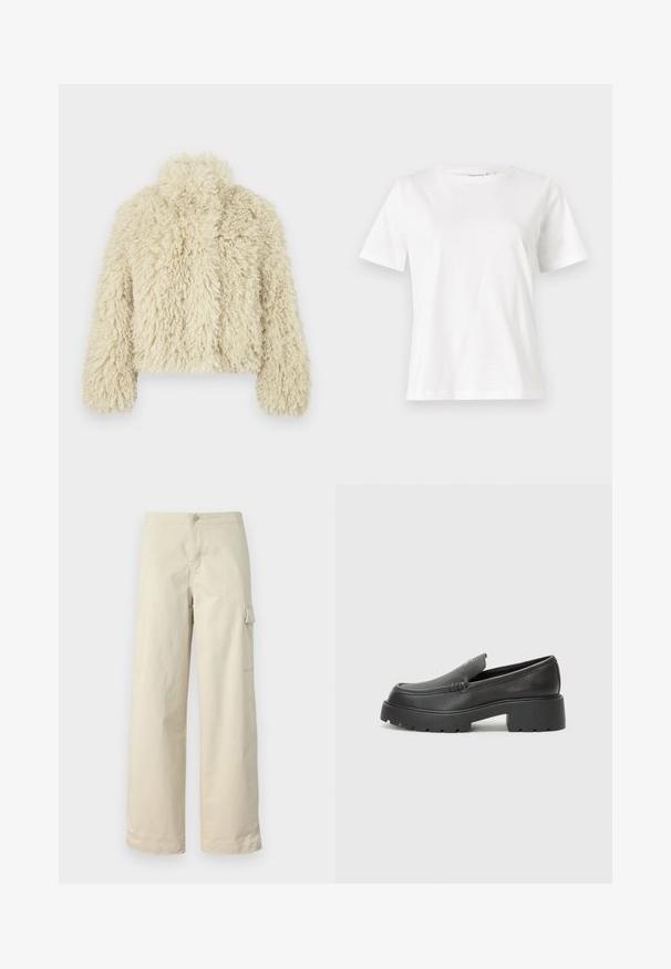 Ivory umetno krzno jakna z visokim ovratnikom, kvadratno oblikovana, z teksturirano površino in dolgimi rokavi. Ima mehko, puhasto obliko.; Bela bombažna majica s kratkimi rokavi, okroglo izrezana in ohlapnega kroja. Gladka tekstura, brez vzorcev ali dodatkov, minimalističen dizajn.; Bežne cargo hlače iz mehkega bombaža, s pravim krojem, sprednjim gumbom in stransko žepom s pokrovčkom.; Črne usnjene loafers čevlje z zaobljenim nosom, debelim teksturiranim podplatom in minimalnimi šivi. Elegantna zasnova brez vidnih vezalk ali kovinskih delov.