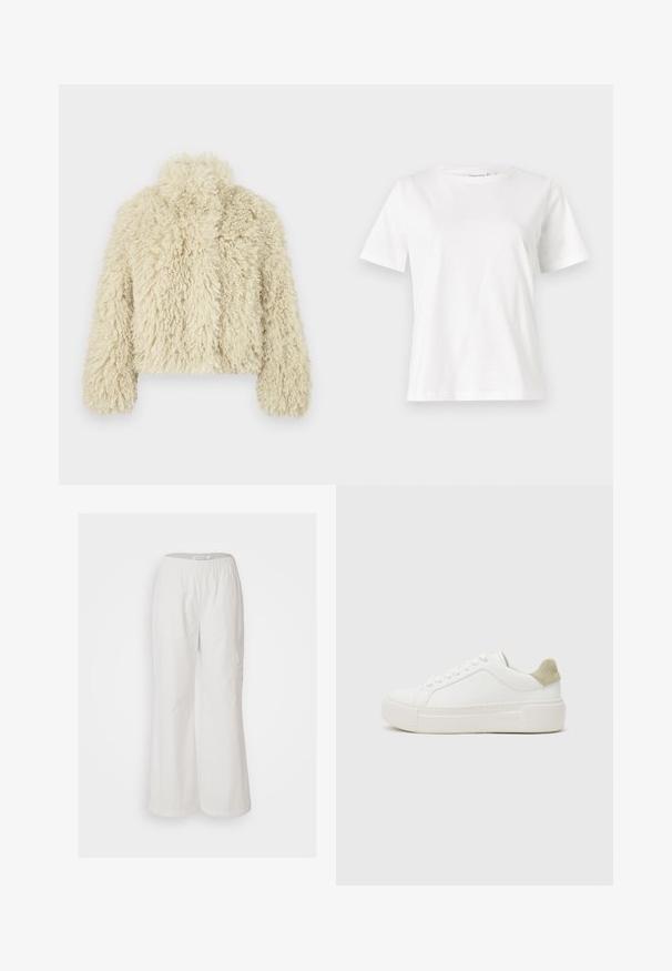 Kremowa kurtka z sztucznego futra z wysokim kołnierzem, prostokątnym krojem, teksturowaną powierzchnią i długimi rękawami. Posiada miękki, puszysty wygląd.; Biała bawełniana koszulka z krótkim rękawem, okrągłym dekoltem i luźnym krojem. Gładka tekstura, brak wzorów lub dodatków, minimalistyczny design.; Białe spodnie szerokie, wykonane z lekkiego materiału. Posiadają elastyczny pas i boczną kieszeń, o gładkiej fakturze. Casulowy styl.; Białe trampki z gładką skórzaną cholewką, jasnoszary zamszowy akcent na pięcie oraz masywną białą gumową podeszwą. Posiadają fason na sznurowanie.