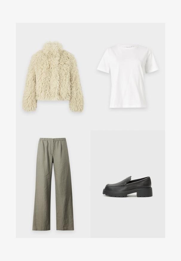 Ivory nepbontjas met een hoge kraag, een boxy vorm, een gestructureerde oppervlakte en lange mouwen. Kenmerkt zich door een zachte, pluizige uitstraling.; Witte katoenen t-shirt met korte mouwen, ronde halslijn en een ontspannen pasvorm. Gladde textuur, geen patronen of accenten, minimalistisch ontwerp.; Samsøe Samsøe SATOVE TROUSERS - Broek - vetiver; Zwarte leren instappers met een ronde neus, dikke getextureerde zool en minimale stikseldetails. Strak ontwerp zonder zichtbare veters of hardware.