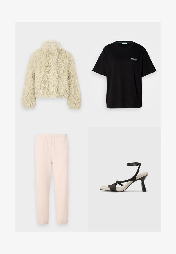 Kremowa kurtka z sztucznego futra z wysokim kołnierzem, prostokątnym krojem, teksturowaną powierzchnią i długimi rękawami. Posiada miękki, puszysty wygląd.; Czarny bawełniany t-shirt z krótkimi rękawami, z małym zielonym logo na lewej piersi. Klasyczny okrągły dekolt, luźny krój.; Jasnoróżowe spodnie dresowe z elastycznym pasem i ściągaczami, wykonane z miękkiej tkaniny bawełnianej o gładkiej strukturze.; Czarne sandały na obcasie z plecionym paskiem, kwadratowym noskiem i regulowanym paskiem na kostkę. Jasnobeżowa wkładka z błyszczącym czarnym obcasem.