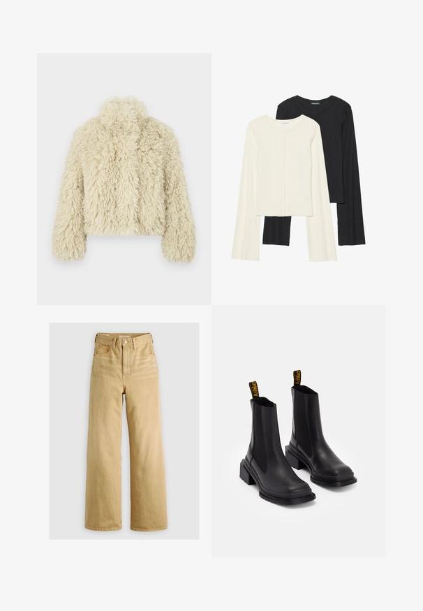 Elfenben-faux fur jakke med høy krage, boxy form, teksturert overflate og lange ermer. Har et mykt, luftig utseende.; Sett med to langermede topper i hvit og svart. Ribbete tekstur, rund hals, tettsittende design med lett utsvingte ermer.; Lys beige høytlivsjeans i denim, med vide ben, sidelommer og subtile sømdetaljer. Glatt tekstur med en ikke-slitt finish.; Sorte ankelstøvler laget av glatt lær med elastiske sidepaneler, kvadratisk tå og tykke hæler. Har gule merke-trekkremmer.