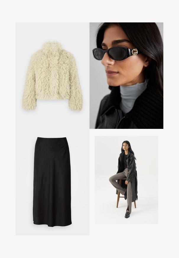 Ivory nepbontjas met een hoge kraag, een boxy vorm, een gestructureerde oppervlakte en lange mouwen. Kenmerkt zich door een zachte, pluizige uitstraling.; Lange mouw polo in lichtbeige, gemaakt van zachte stof. Kenmerkt zich door een puntkraag, een drie-knopen sluiting met gouden knopen en een geborduurd logo.; Zwarte midi-rok gemaakt van zachte, lichte stof. Voorzien van een soepele elastische tailleband en een vloeiende silhouet met een licht A-lijnvorm.; Zwarte leren trenchcoat met knopen en riemdetails, gecombineerd met lichtbruine getailleerde broek en zwarte loafers, zittend op een houten kruk.; Zwarte zonnebril met een stijlvolle rechthoekige montuur en een gouden logo-accent aan de zijkant. Donkere lenzen en een glanzende afwerking zijn opvallend.; Gequilte roze handtas met handvatten, voorzien van reliëfontwerp; gedragen met witte kanten panty en zilveren spitse hakken.