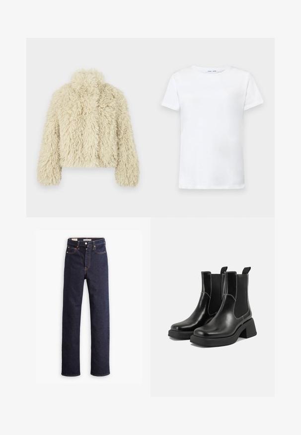 Ivory umetno krzno jakna z visokim ovratnikom, kvadratno oblikovana, z teksturirano površino in dolgimi rokavi. Ima mehko, puhasto obliko.; Bela kratka majica s kratkimi rokavi iz bombaža z obliko okroglega izreza. Gladka struktura in raven kroj, brez vzorcev ali dodatkov.; Temno modri trdi kavbojke z ravnimi nogami, petimi žepi in vidno oranžnim šivom na belem ozadju.; Črne usnjene Chelsea škornje s širokim petami, elastičnimi stranskimi ploščami in kontrastnim belim šivanjem. Teksturirana površina.