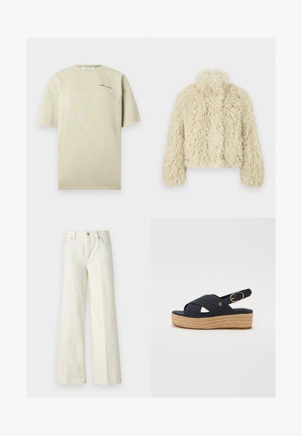 Zilo mākslīgās kažokādas jaka ar augstu apkakli, kastes formas, teksturētu virsmu un garām piedurknēm. Iezīmējas ar mīkstu, pūkainu izskatu.; Gaiši bēša oversized T-krekls no mīksta kokvilnas. Tam ir īsas piedurknes, apaļa kakla izgriezums un neliels melns tekstuāls logotips priekšpusē.; Platās kāju baltās džinsas, izgatavotas no kokvilnas maisījuma auduma. Tām ir rāvējslēdzēja josta, piecu kabatu dizains un šuvju izšuvumi gar šuvēm.; Jūras spēku auduma espadrilles sandales ar krustveida siksnām, austs jutu platformu un metālisku sprādzi. Plakans gumijas zoles.