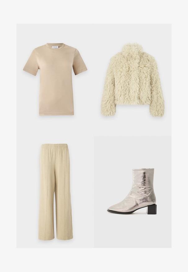Elfenben-faux fur jakke med høy krage, boxy form, teksturert overflate og lange ermer. Har et mykt, luftig utseende.; Beige bomull t-skjorte, korte ermer, rund hals, med preget "LACOSTE" logo på brystet, glatt tekstur og vanlig passform.; Beige vide benbukser med elastisk talje og synlige sidesømme. Laget av myk stoff med en jevn tekstur.; Metallisk sølv ankelboot med spiss tå og blokkhæl. Glatt tekstur, strømlinjeformet design og minimalistisk sømdetalj.