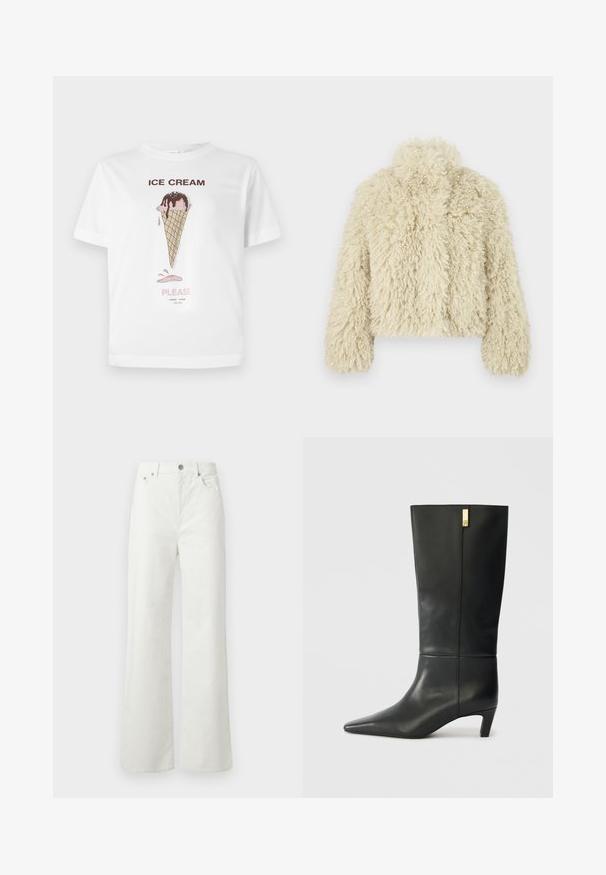 Jachetă din blană sintetică de fildes cu guler înalt, formă pătrată, suprafață texturată și mâneci lungi. Prezintă un aspect moale și pufos.; Tricou alb din bumbac cu o ilustrație a unei cornete de înghețată cu accente roz și maro, și textul "ÎNGHEȚATĂ, VĂ ROG" dedesubt.; Samsøe Samsøe SHELLY - Blugi loose fit - clear cream; Boot cu piele neagră, până la genunchi, cu vârf ascuțit și toc mic. Prezintă un design elegant cu un detaliu auriu. Textură netedă.