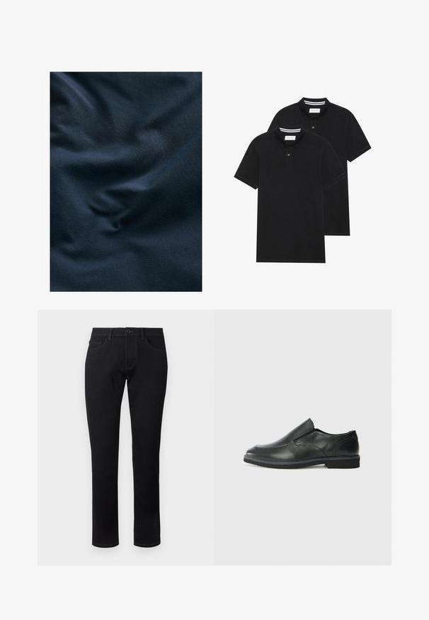 Mørkeblå tekstureret stof, lidt rynket, der viser en glat overflade med en subtil glans og et fint, vævet mønster.; To sorte polo T-shirts, kortærmede, lavet af bomuldsstof, med en klassisk krave, to-knaps placket og hvide stribede detaljer indeni kraven.; TOM TAILOR TTJOSH Regular - Jeans Slim Fit - black denim; Sorte læder slip-on sko med en glat overdel, syede detaljer, rund tå og en lav gummihæl. Sålen har minimal profil.