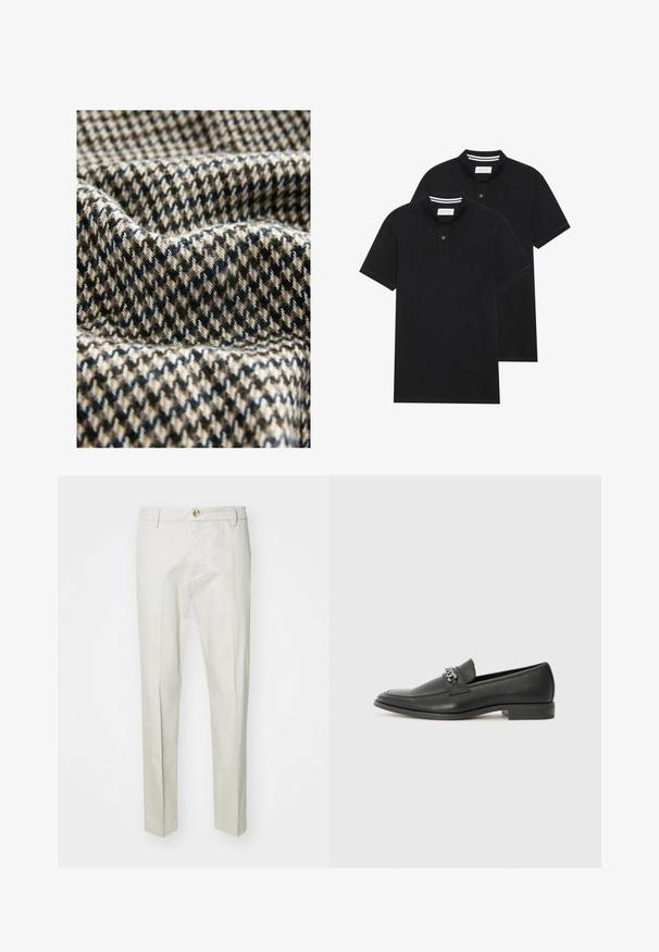 Tejido texturizado con un patrón de pata de gallo en negro, beige y blanco, con fibras suaves y ligeramente difusas, y un aspecto drapeado.; Dos camisetas polo negras, de manga corta, de material de algodón, que presentan un cuello clásico, una tapeta de dos botones y acentos de rayas blancas en el interior del cuello.; Pantalones beige claros fabricados en un tejido suave y texturizado. Con cierre de botón, presillas para cinturón y piernas rectas. Diseño limpio y ajustado.; Mocasín de cuero negro con un acabado suave, que cuenta con un diseño de costura y un acento decorativo de cadena de metal en el empeine. Tacón plano.