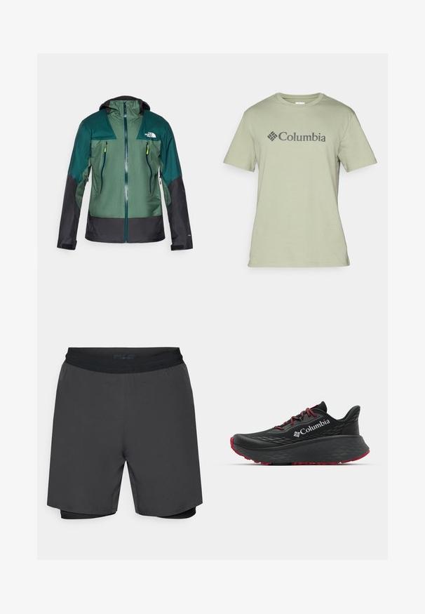Grønn og svart vanntett jakke med hette, med glidelås foran, to brystlommer og teksturert stoff i et lett design.; Lys grønn bomull T-skjorte med rund hals, korte ermer, og en mørkegrå "Columbia" logo foran. Glatt tekstur.; Herrebukser i mørkegrått, med svart elastisk livline og et indre tettsittende lag. Glatt tekstur, knelengde design.; Svart treningssko med teksturert overdel, røde snører og logo. Tykksåle med mønstrede dekk for bedre veigrep. Minimalistisk design, sidevinkel.