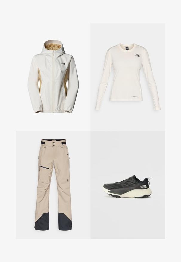Weißer und hellbeiger Kapuzenjacke mit Reißverschluss, elastischen Bündchen und Logo auf der Brust; aus einem glatten, wasserabweisenden Stoff.; The North Face SHADOW LONG SLEEVE - Langarmshirt - white dune; Peak Performance ALPINE GORE-TEX PANTS - Snowboard-Hosen - avid beige; Schwarzer Sportschuh mit strukturiertem Obermaterial, ausgestattet mit grauen Akzenten und einer weißen Zwischensohle. Enthält eine Zuglasche und ein markantes Markenlogo an der Ferse.