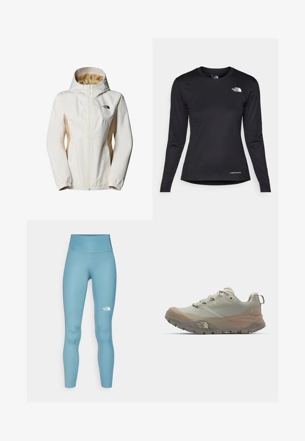 Valkoinen ja vaalea beige huppari, jossa on vetoketjulu closures, joustavat hihansuut ja logo rinnassa; mukana sileä, vettä hylkivä kangas.; The North Face SHADOW LONG SLEEVE - Pitkähihainen paita - black; The North Face FLEX 25IN TIGHT - Trikoot - algae blue; Harmaa urheilukenkä beigeillä yksityiskohdilla, valmistettu synteettisestä materiaalista. Varustettu karkealla pohjalla, nauhakuoressa ja brändäyksellä sivussa.