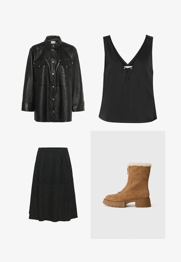 Must värviline nahkmantel pikki varrukatega, terava kaelusega, kahe rinnataskuga ja hõbedaste metallist nööpidega. Sile tekstuur, struktureeritud disain.; Must mustriga must, millel on V-kaelus, dekoratiivne sõlm ja hõbedased aktsendid keskosas, valmistatud sujuvast ja elegantsetest kangast.; Mustan seelikuuhiline seelik, mis on valmistatud tekstureeritud kangast ja millel on nüansirohke geomeetriline muster. Seelikul on laienev disain ja voldid, mis lisavad volüümi.; Pruunist suede'ist pahkluu saabas, millel on pehme kreemjas vooder, külgiselt lukuga ja tüse kummitald. Sellel on sile tekstuur ja ümar varvas.