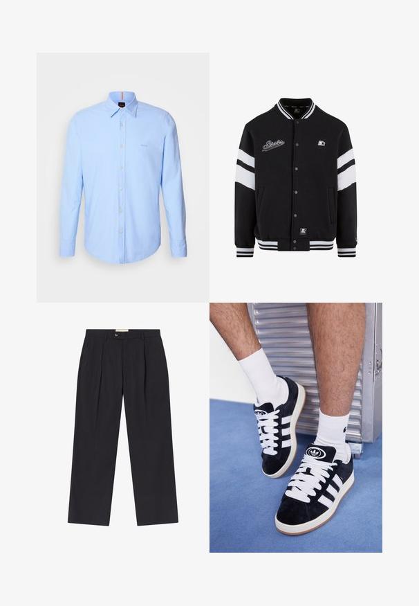 Černá univerzitní bunda s bílými pruhy, vyšívané logo na hrudi, zapínání na patentky a žebrované manžety a lem. Hladký textilní povrch.; Světle modrá košile s dlouhým rukávem vyrobená z bavlny, s límcem na knoflíky, knoflíkovým zapínáním a jemnou výšivkou loga na hrudi.; Upravené tmavě námořnické kalhoty s vysokým pasem, dvěma předními záhyby, zapínáním na knoflík a rovnými nohavicemi z hladkého materiálu.; Černé semišové tenisky s bílými tkaničkami a třemi bílými pruhy. Mají kulatou černou logo na jazyku a gumovou podrážku.