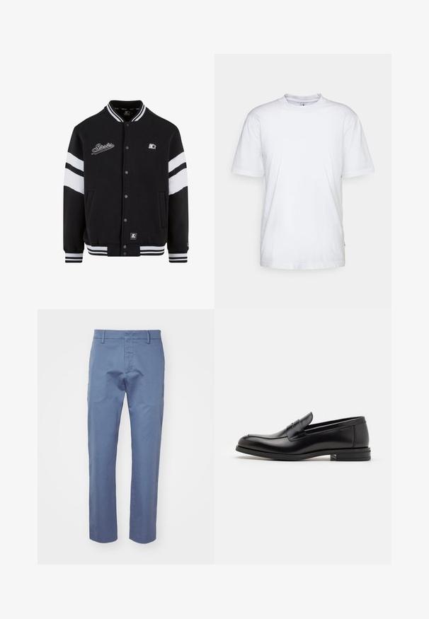 Čierna varsity bunda s bielymi pruhmi, vyšívané logo na hrudi, uzáver na patentky a rebrované manžety a lem. Hladká textúra materiálu.; Biela bavlnená tričko s okrúhlym výstrihom, krátkymi rukávmi a rovnými okrajmi. Obsahuje malú značku na bočnom šve na ľavej strane.; Svetlomodré nohavice vyrobené z hladkej tkaniny, so rovnými strihom, pútkami na opasok a zipsom s gombíkovým zapínaním. Bez vzorov alebo akcentov.; Čierne kožené mokasíny s hladkou textúrou, zaoblenou špičkou a dekoračným pásikom cez priehlavok. Nízky vrstvený opätok, minimalistický dizajn.