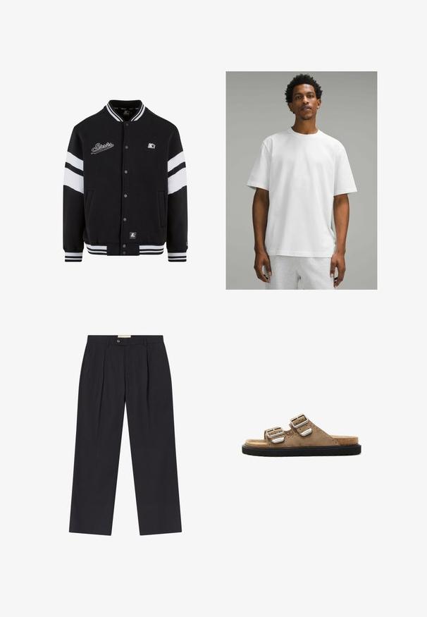 Melna universitātes jakas ar baltām svītrām, izšūta logo uz krūts, ar pogu aizdari, ribinātām aprocēm un apakšai. Gluda auduma tekstūra.; Balta kokvilnas T-kreklu ar īsām piedurknēm, apaļu kakla izgriezumu, brīvu piegriezumu. Gluda tekstūra, vienkāršs dizains, bez redzamām rakstu vai akcentu detaļām.; Pielāgoti tumši zilie bikses ar augstu jostasvietu, divām priekšējām krokām, pogu aizdari un taisnām kājām no gludas auduma.; Kādas brūnas zamšādas slidensandalītes ar divām regulējamām sudraba sprādzēm, melna teksturēta zole un perforēti elementi augšdaļā.