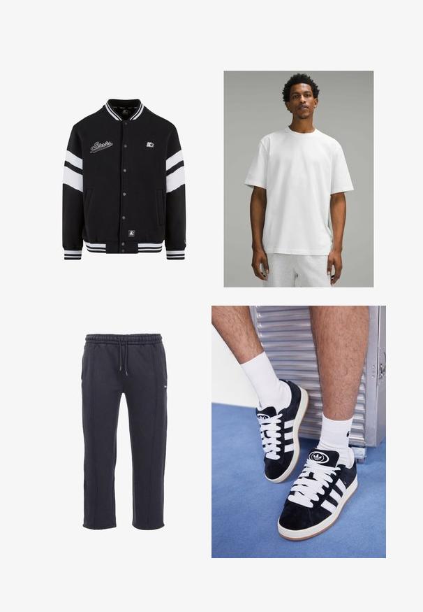 Czarna kurtka varsity z białymi paskami, haftowane logo na klatce piersiowej, zapięcie na zatrzaski oraz ściągacze przy mankietach i hemie. Gładka tekstura materiału.; Biała bawełniana koszulka z krótkim rękawem, okrągłym dekoltem, luźny krój. Gładka tekstura, jednolity design, brak widocznych wzorów lub akcentów.; Ciemnoszare dresy wykonane z miękkiego materiału, z elastycznym paskiem w talii ze sznurkiem, kieszeniami bocznymi i widocznymi szwami.; Czarne zamszowe sneakersy z białymi sznurówkami i trzema białymi paskami. Posiadają okrągłe czarne logo na języku i gumową podeszwę.