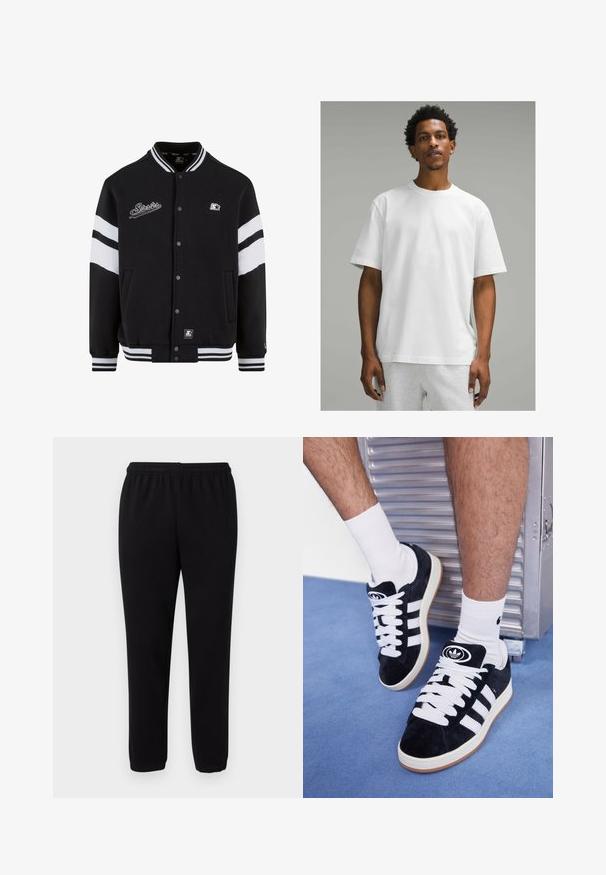 Fekete sportdzseki fehér csíkokkal, hímzett logóval a mellkason, patentgombos záródással, valamint bordázott mandzsettákkal és alsó szegéllyel. Simaságú szövettextúra.; Fehér pamut póló rövid ujjakkal, kerek nyakkal, laza szabással. Simára kidolgozott anyag, egyszerű dizájn, látható minták vagy díszítések nélkül.; Fekete, laza pamutnadrág rugós derékkal és bokarésszel, egy sima fehér háttér előtt bemutatva.; Fekete velúr sportcipők fehér fűzőkkel és három fehér csíkkal. A nyelvén egy kör alakú fekete logó található, valamint egy gumis talp.