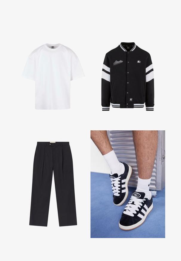 Fekete sportdzseki fehér csíkokkal, hímzett logóval a mellkason, patentgombos záródással, valamint bordázott mandzsettákkal és alsó szegéllyel. Simaságú szövettextúra.; Fehér pamut póló kerek nyakkal, rövid ujjakkal és lezser szabással. Egyszerű dizájnnal és sima textúrával rendelkezik.; Személyre szabott, sötét tengerészkék nadrág, magas derékkal, két elülső pliszével, gombos záródással és egyenes lábakkal, sima anyagból.; Fekete velúr sportcipők fehér fűzőkkel és három fehér csíkkal. A nyelvén egy kör alakú fekete logó található, valamint egy gumis talp.