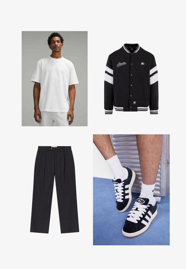 Fekete sportdzseki fehér csíkokkal, hímzett logóval a mellkason, patentgombos záródással, valamint bordázott mandzsettákkal és alsó szegéllyel. Simaságú szövettextúra.; Fehér pamut póló rövid ujjakkal, kerek nyakkal, laza szabással. Simára kidolgozott anyag, egyszerű dizájn, látható minták vagy díszítések nélkül.; Személyre szabott, sötét tengerészkék nadrág, magas derékkal, két elülső pliszével, gombos záródással és egyenes lábakkal, sima anyagból.; Fekete velúr sportcipők fehér fűzőkkel és három fehér csíkkal. A nyelvén egy kör alakú fekete logó található, valamint egy gumis talp.