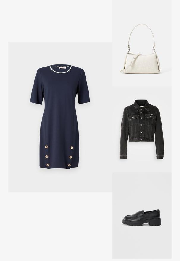 Schwarze, verkürzte Jeansjacke mit Knopfleiste, zwei Brusttaschen und spitzem Kragen. Verfügt über eine silberfarbene Hardware und eine verblasste Textur.; Navyblaues Kleid mit kurzen Ärmeln, rundem Halsausschnitt und dekorativen goldenen Knöpfen an der Seite. Hergestellt aus einem glatten, dehnbaren Stoff.; Schwarze Lederloafers mit strukturiertem Finish, ausgestattet mit einem rechteckigen Riemen über dem Spann und einem stabilen, gezackten Sohlen-Design.; Weiße Handtasche mit glatter Textur, geschwungener Silhouette und verstellbarem Schulterriemen. Verfügt über ein dezentes Logo-Muster und silberne Hardware-Akzente.