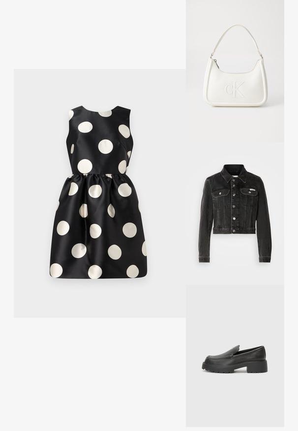 Čierna skrátená denimová bunda s predným zapínaním na gombíky, dvoma náprsními vreckami a špicatým golierom. Obsahuje kovanie v striebornej farbe a vyblednutú textúru.; Čierne šaty s veľkými bielymi bodkami, bezrukávový strih, hladká tkanina, nariasený pás a okrúhly výstrih.; Čierne kožené mokasíny s okrúhlou špičkou, hrubou textúrovanou podrážkou a minimom stehovej výzdoby. Štíhly dizajn bez viditeľných šnúr alebo kovania.; Biela kožená kabelka s zakriveným tvarom, na prednej strane s embosovaným logom "CK" a jedným ramenným popruhom. Zipsové zapínanie navrchu.