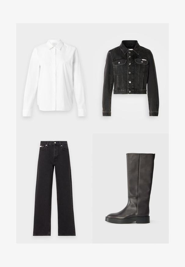 Jaqueta de denim preta, cropped, com fecho de botão, dois bolsos no peito e colarinho pontudo. Apresenta acessórios em tom prateado e textura desgastada.; Camisa branca de botão feita de algodão. Apresenta um colarinho clássico, mangas longas e um corte descontraído. Sem padrões ou detalhes visíveis.; Jeans de perna larga pretos feitos de denim, apresentando uma cintura alta, estilo de cinco bolsos e um fecho em botão de metal com costura contrastante.; Bota de couro preta até o joelho com sola grossa e logo discreto da Calvin Klein próximo à borda superior, vista de lado.