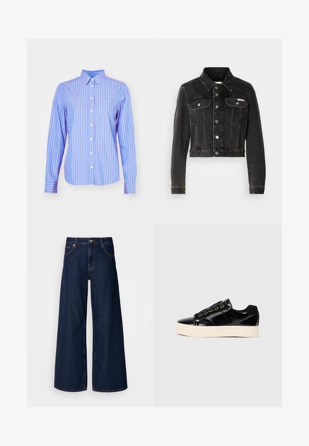 Veste en denim noir raccourcie avec fermeture à boutons, deux poches poitrine et col pointu. Dotée de quincaillerie en argent et d'une texture délavée.; GANT STRIPED - Chemisier - hellblau/weiß; Jeans en denim bleu foncé à jambes larges avec une taille haute, des poches avant et une fermeture à bouton. Présente des coutures contrastées et une texture lisse.; Baskets en cuir verni noir avec une semelle plate crème. Présentent des lacets noirs, des œillets dorés et un détail de logo sur le côté. Design de bout arrondi.