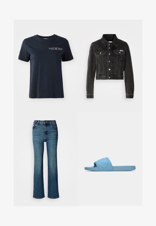 Črna kratka denim jakna z gumbi na sprednji strani, dvema prsnikoma in koničastim ovratnikom. Ponuja srebrn ton okovja in zbledel videz.; Mornarsko modra bombažna majica s kratkimi rokavi, okroglim izrezom in sprednjim logotipom, ki vključuje besedilo in dekorativne elemente.; Visoko pasne modre jeans hlače iz denima, s straight leg dizajnom, rahlim bledenjem in standardnim gumbom ter zadrgo.; Svetlo modre natikače, izdelane iz gladkega gumijastega materiala, z vdelanim logotipom na traku in ravnim, teksturiranim podplatom.