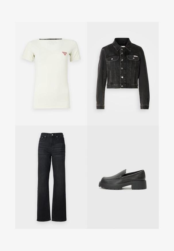 Mustmust värviline denim jakk nööbiga esiosal, kahe rinnataskuga ja terava kaelusega. Omab hõbedatooni riideid ja tuhmunud tekstuuri.; Valgest puuvillast T-särgist V-kaelusega, lühikeste varrukatega, vasakul rinna kohal punase kolmnurkse logoga. Pehme tekstuur, istuv disain.; Mustadelle laiade jalad teksad mustas värviss, kõrge vöökohaga, viie taskuga kujundus ja hõbedane metallne nupp. Kanga tekstuur on sile ja veidi veniv.; Mustad nahast loafers ümarate varvastega, paksu tekstuuriga tald ja minimaalsete õmbluse detailidega. Viimistletud disain, kus pole nähtavaid paelu ega riistu.