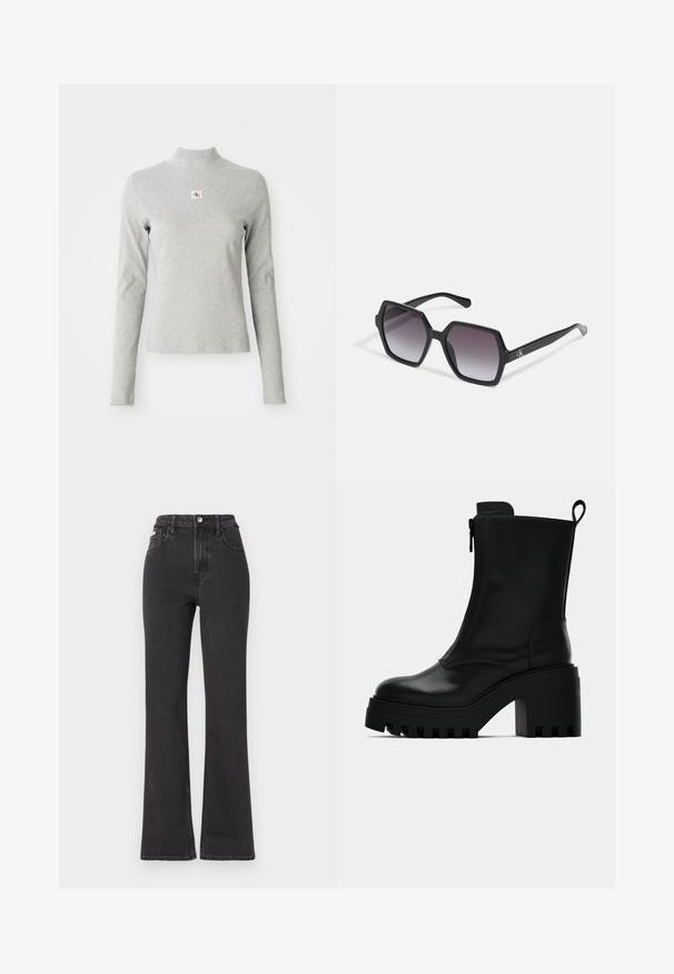 Sort cropped denimjakke med knaplukning, to brystlommer og spids krave. Har sølvfarvet hardware og en falmet tekstur.; Grå langærmet turtleneck top i blødt stof, med ribbet tekstur og et lille CK-logo i en hvid firkant på brystet.; Sorte højtaljede flagrende jeans lavet af denim, med knaplukning, bæltestropper og sidelommer. Glat tekstur med minimal falming.; Sorte læder ankelstøvler med kraftig sål, blokhæl, lynlås i siden og trækflap bagpå på en ensfarvet hvid baggrund.; Sorte sekskantede solbriller med gradientlinser, med en glat overflade og diskret branding på stængerne. Holdbar plastkonstruktion.