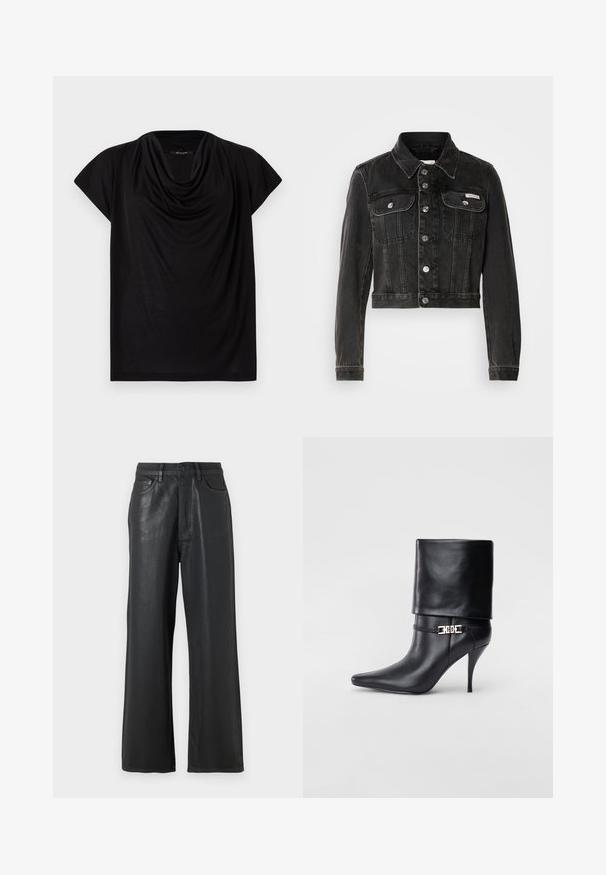 Juodas trumpas džinsinis švarkas su sagų uždarymu, dviem krūtinės kišenėmis ir išlenktu peteriu. Yra sidabrinės spalvos detalės ir nusidėvėjęs tekstūras.; Juoda trumpų rankovių palaidinė su varstymo apykakle. Pagaminta iš minkštos, lengvos medžiagos, pasižymi laisvu siluetu ir lygia tekstūra.; Juodos plačios kojos kelnes, pagamintas iš blizgaus audinio. Su mygtukų užsegimu, diržo kilpomis ir priekinėmis kišenėmis su lygiu paviršiumi.; Juodos odinės kulkšninių botų su smailiu nosiu, aukštu stiletto kulnu, apvyniojamu kraštu ir auksine dekoratyvine sagtimi prie kulkšnies.