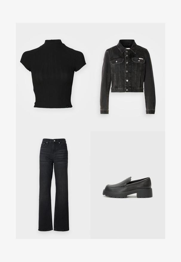 Chaqueta de mezclilla negra corta con cierre de botones, dos bolsillos en el pecho y cuello puntiagudo. Presenta herrajes en tono plateado y una textura desgastada.; Top corto negro hecho de una tela de punto acanalado, con un cuello alto, mangas cortas tipo farol y una pequeña etiqueta de marca en la parte inferior izquierda.; Jeans de mezclilla negra de pierna ancha con una cintura alta, diseño de cinco bolsillos y botón de metal plateado. La tela tiene una textura suave y un ligero estiramiento.; Mocasines de piel negra con punta redondeada, suela texturizada gruesa y mínimos detalles de costura. Diseño elegante sin cordones o herrajes visibles.