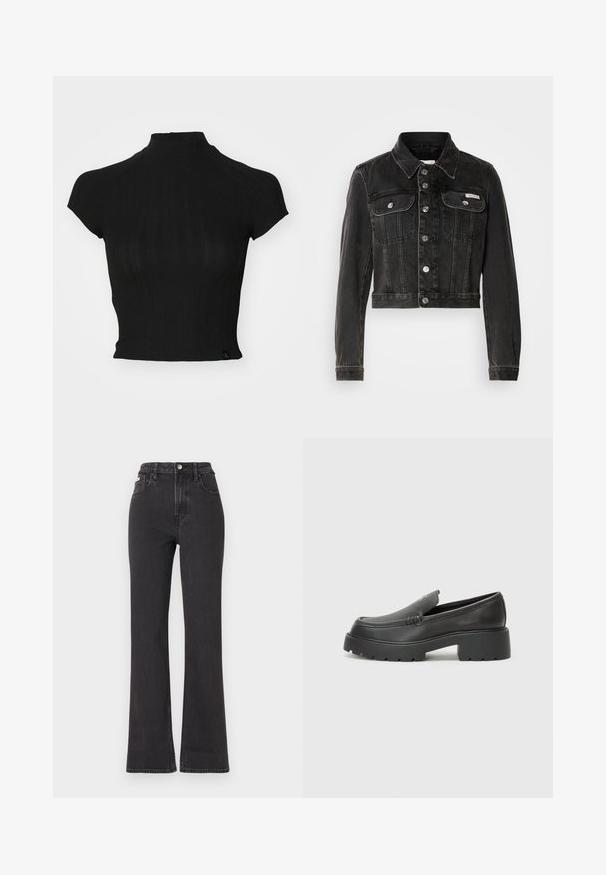 Mustmust värviline denim jakk nööbiga esiosal, kahe rinnataskuga ja terava kaelusega. Omab hõbedatooni riideid ja tuhmunud tekstuuri.; Must musta top, mis on valmistatud ribakudumist, kõrgema kaelusega, lühikeste kattevarrukatega ja väikese brändi sildiga vasakus alumises nurgas.; Mustad kõrge vöökohaga laienevad teksapüksid, mis on valmistatud denimist, varustatud nööbiga kinnitamise, vöörihmade ja küljetaskutega. Sile tekstuur minimaalse pleekimisega.; Mustad nahast loafers ümarate varvastega, paksu tekstuuriga tald ja minimaalsete õmbluse detailidega. Viimistletud disain, kus pole nähtavaid paelu ega riistu.