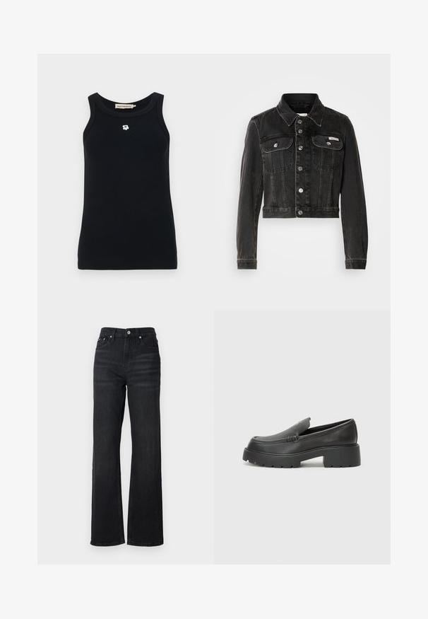 Svart kort denimjakke med knappefront, to brystlommer og spiss krage. Har sølvfarget hardware og falmet tekstur.; Svart tanktopp laget av ribbestrikket stoff, med rund halskant og et lite hvitt blomstermotiv på forsiden. Ermeløs design.; Sorte denim vide bukser med høj talje, fem-lomme design og sølv metalknap. Stoffer har en glat tekstur og let stræk.; Sorte skinnloafers med rund tå, tykk teksturert såle og minimale sømdetaljer. Strømlinjeformet design uten synlige snørebånd eller hardvarer.