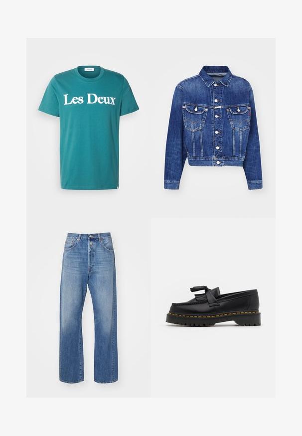 Blue denim jacket with a cropped design, pointed collar, two chest pockets with flaps, silver buttons, and contrasting stitching.; Teal cotton crew-neck t-shirt featuring "Les Deux" printed in large white letters across the chest. Short sleeves and straight cut.; Light blue denim jeans with a straight-leg cut, featuring a button fly, five pockets, and subtle fading on the fabric.; Black leather loafer with a tasseled accent, featuring a chunky black sole and yellow stitching along the edge. Textured finish.