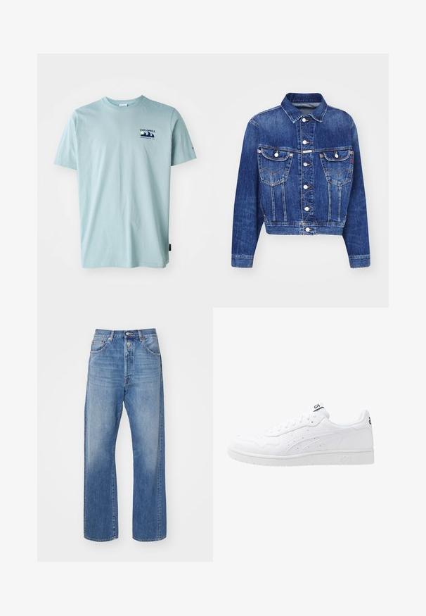 Blue denim jacket with a cropped design, pointed collar, two chest pockets with flaps, silver buttons, and contrasting stitching.; Columbia EXPLORERS CANYON BACK TEE - Print T-shirt - crushed blue; Light blue denim jeans with a straight-leg cut, featuring a button fly, five pockets, and subtle fading on the fabric.; White leather sneakers with a smooth finish, perforated accents, and a textured midsole. Features a logo on the tongue and side stripes.