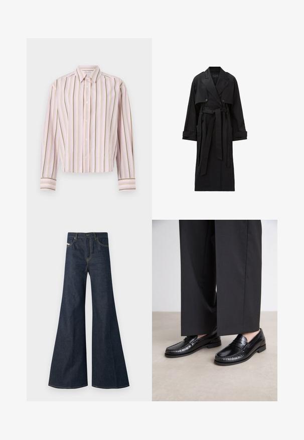Manteau noir long avec de larges revers, boutons double-breasted, rabat à l'avant, sangles aux poignets et ceinture nouée à la taille.; Chemise rayée rose clair avec des lignes verticales vertes et jaunes, fermeture à boutons, et manches longues avec des poignets contrastants.; Jean flare bleu foncé en denim, avec taille haute, accents de surpiqûre dorée, et deux poches avant avec fermeture à bouton.; Mocassins en cuir noir avec une finition lisse, descoutures autour de l'orteil et une semelle en caoutchouc basse. Assortis à un pantalon large noir.