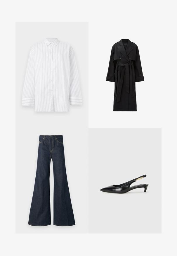 Dolgo črno plašč s širokimi reverji, dvorednim gumbi, sprednjim žepom, zapestnimi trakovi in zavezanjem v pasu.; Bela srajca s gumbki in navpičnimi svetlo sivo črtami, dolge rokave in klasičen ovratnik. Ima nekoliko ohlapen kroj in manšete na rokavih.; Temno modri široki jeans iz denima, z visokim pasom, z zlatimi niti in dvema sprednjima žepoma z gumbom.; Črne usnjene sandale na peto z ostro konico, ki imajo tanko peto in zlat ton na nastavljivem traku. Gladka tekstura.